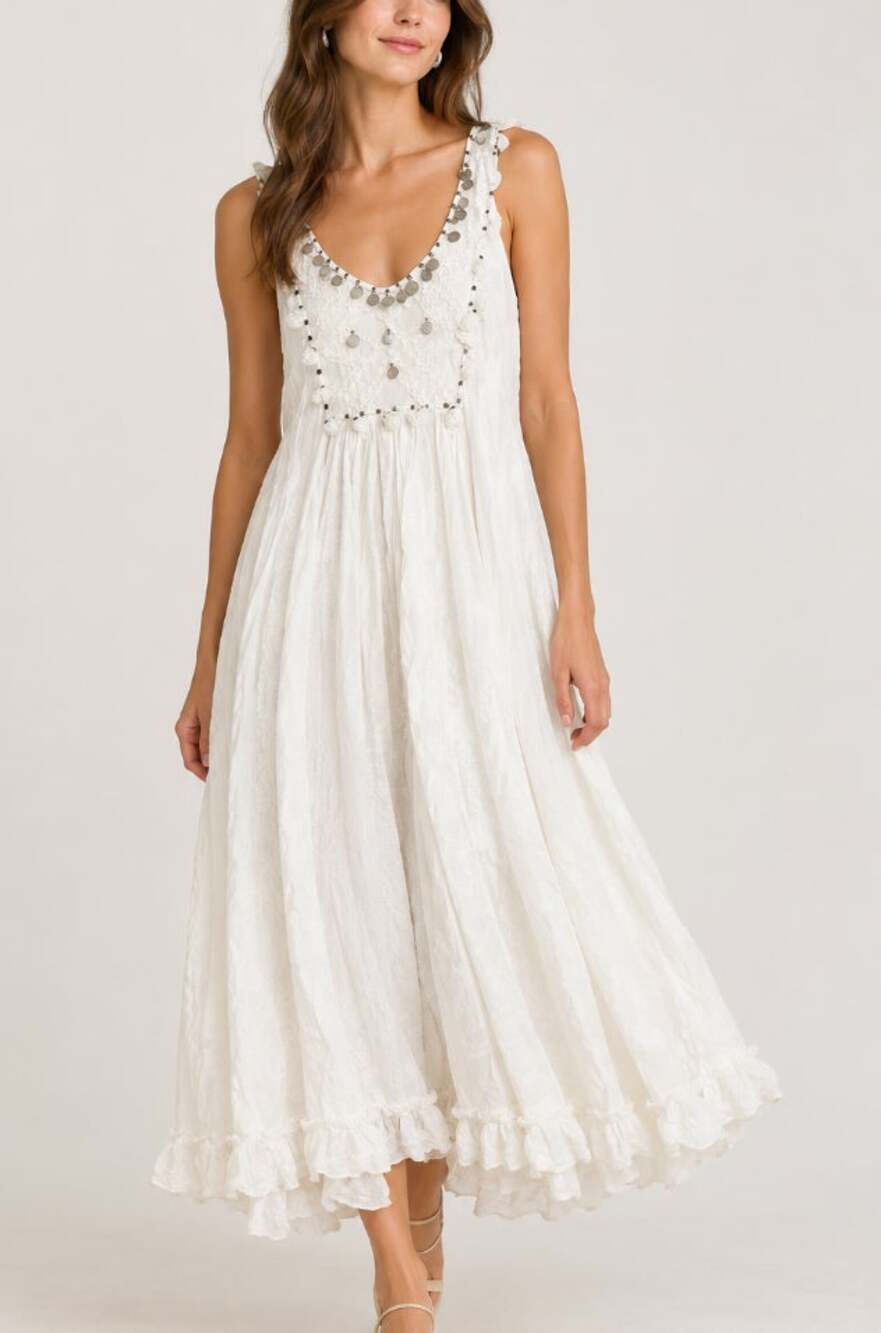 Mes Demoiselles Dress Sleeveless Boho Embellished Midi White Small